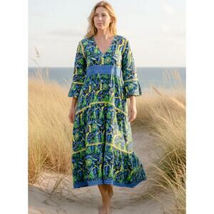 LA PLAGE Water Mill Midi Dress Floral Block Print Navy Green XS Beachy Boho